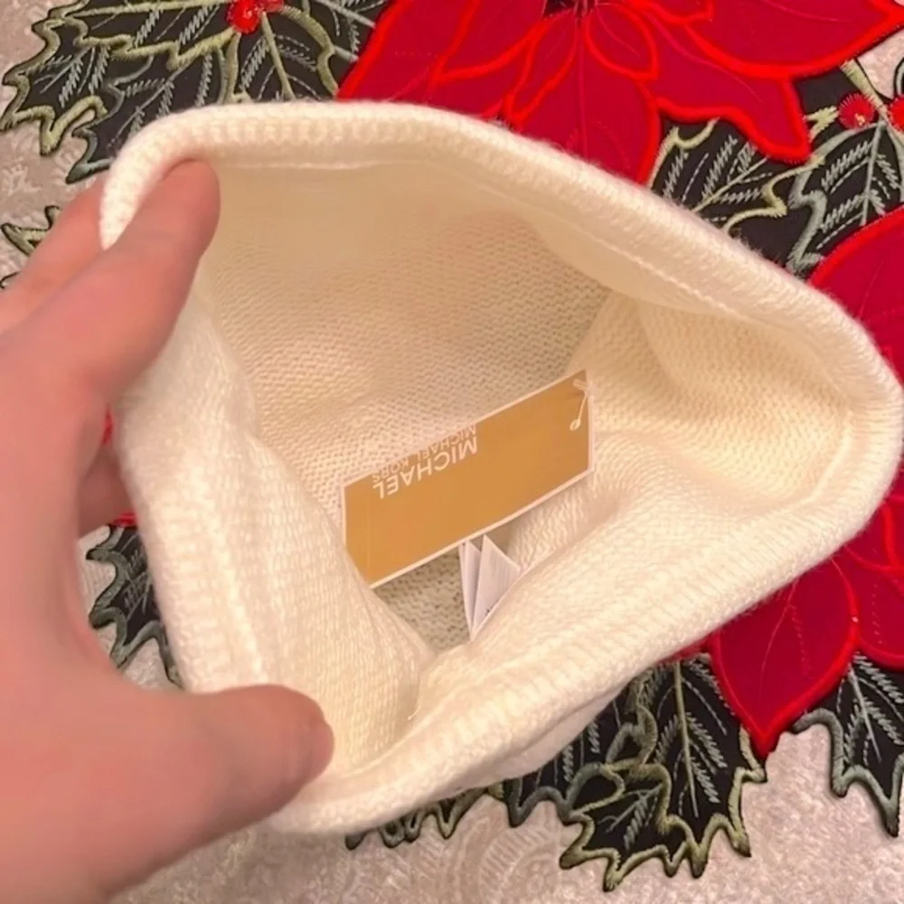 Brand New Michael Kors Cream Knit Beanie Hat w/ Gold Tone Metal Logo & Studs